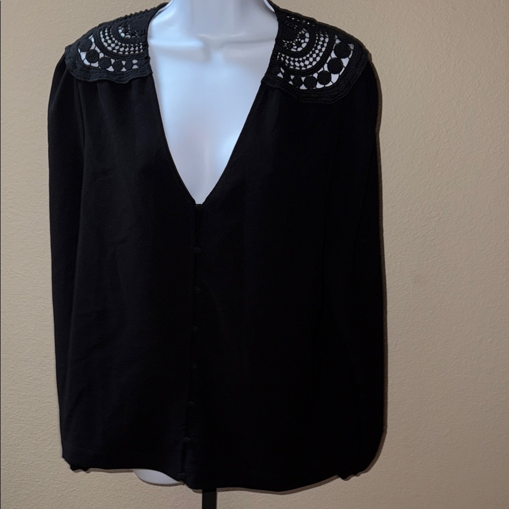 Sezane Button Up Black Blouse with Embroidered Shoulders Size EU 44